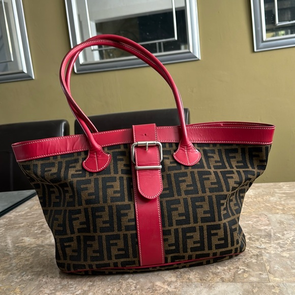 Fendi Handbags - Authentic Fendi Tobacco/Red Zucca Canvas and Leather Tote Bag